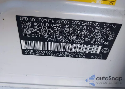 2010 Lexus Gs 350 z USA, uszkodzony, nr VIN JTHCE1KS0A0028075